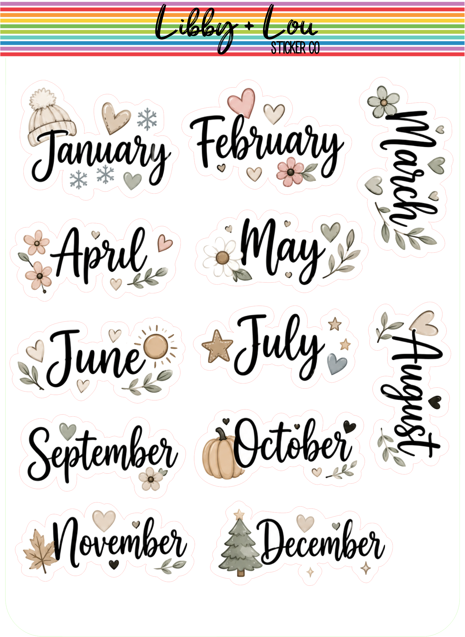 Neutral Months of the Year Planner Stickers | Monthly Header Stickers